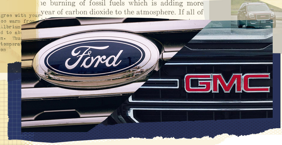 Ford and GM collage. Photo credits: Claudine Hellmuth/E&E News(illustration); ArtisticOperations/Pixabay(SUV);tony webster/Flickr(Ford); truck hardware/Flickr(GMC); Gilbert Plass/The Carbon Dioxide Theory of Climatic Change(text)