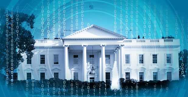 White House and cyber graphic. Photo credit: Claudine Hellmuth/E&E News(illustration); Jason Goulding/Flickr (photo) 
