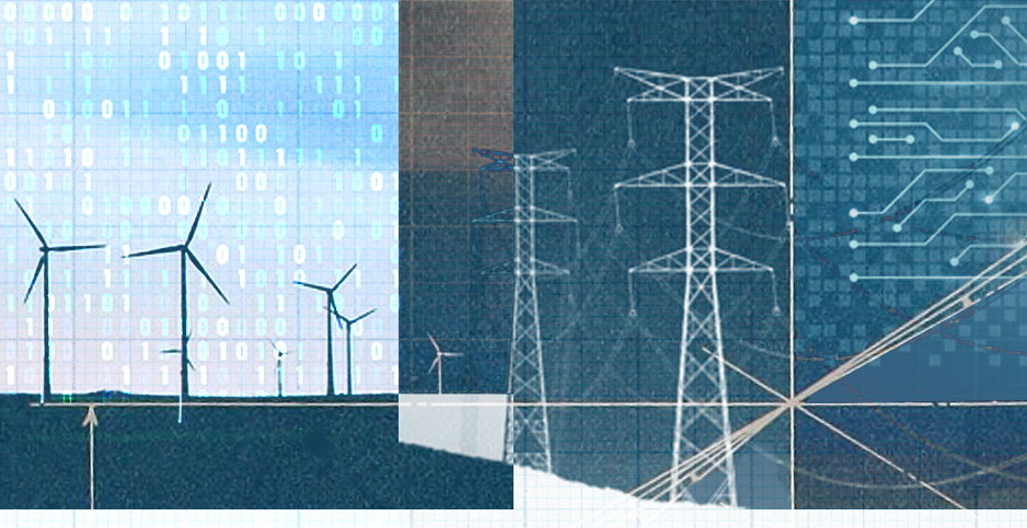 Cyber energy collage. Credits: Claudine Hellmuth/E&E News(illustration);Internet Archive Book Images/Flickr(drafting sketch); MaxPixel(turbines and transmission lines); Freepik (cyber)