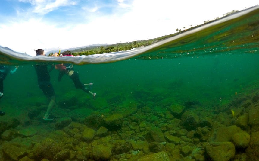 Beachgoers splash around in Kahalu'u Bay in Hawaii