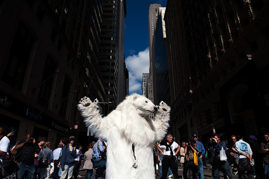 An activist dressed as a polar bear dances in the streets during a 2014 protest on Wall Street in New York City.