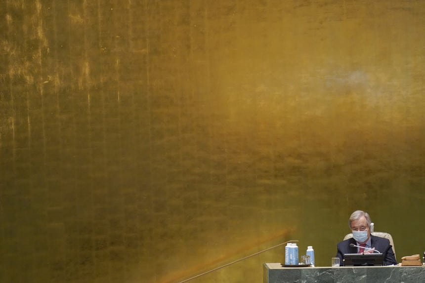 U.N. Secretary-General António Guterres listened as Turkish President Recep Tayyip Erdogan addressed the 77th session of the U.N. General Assembly Tuesday at U.N. headquarters.