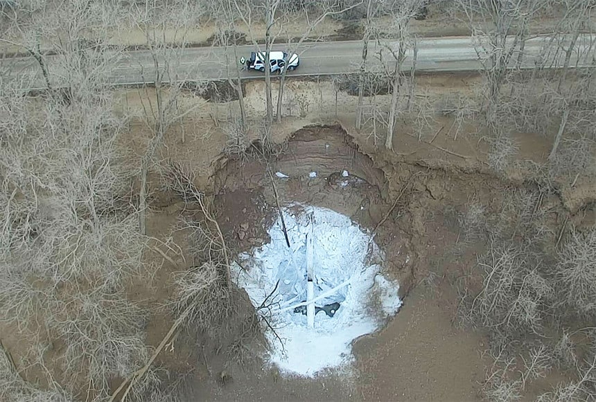 A drone photo taken from above the rupture of a carbon dioxide pipeline near Satartia, Miss., in February 2020.