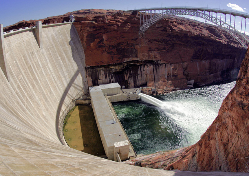 Water flows from the jet tubes in the Glen Canyon Dam, in Page, Ariz.