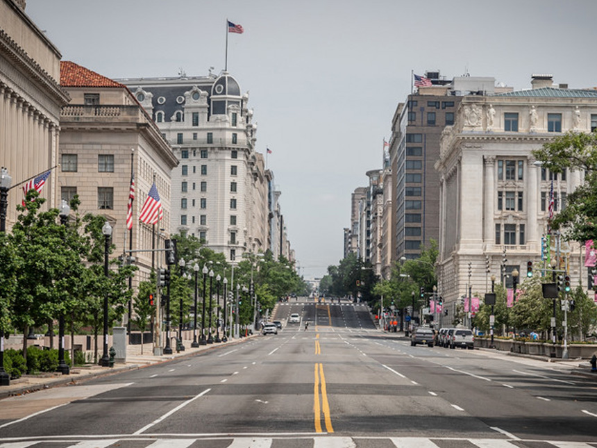 Empty city streets in downtown Washington, D.C., during the height of lockdowns in June 2020.