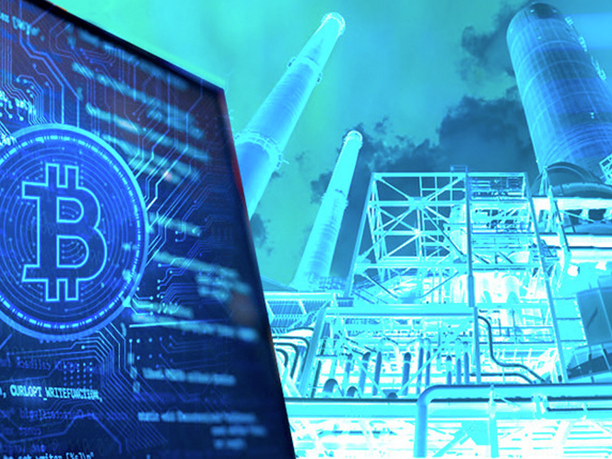 Bitcoin and powerplant illustration collage
