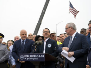 Pennsylvania Gov. Josh Shapiro speaks during a June 23, 2023, news conference to announce the reopening of Interstate 95.