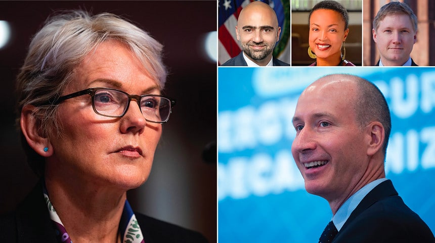 Energy Secretary Jennifer Granholm (left) strategizes every morning with top advisers including (clockwise) Ali Nouri, Shalanda Baker, Christopher Davis and David Turk.