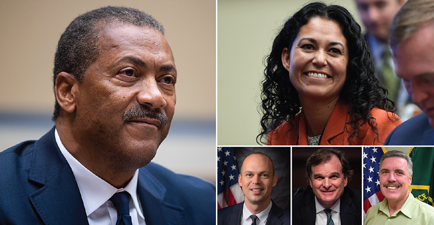 From left, clockwise: Forest Service Chief Randy Moore; Xochitl Torres Small, undersecretary of Agriculture for rural development; Earl Stewart, the head of the Forest Service’s timber transit pilot project; Robert Bonnie, undersecretary of Agriculture for farm production and conservation; and Rod Snyder, agriculture adviser to the EPA administrator.