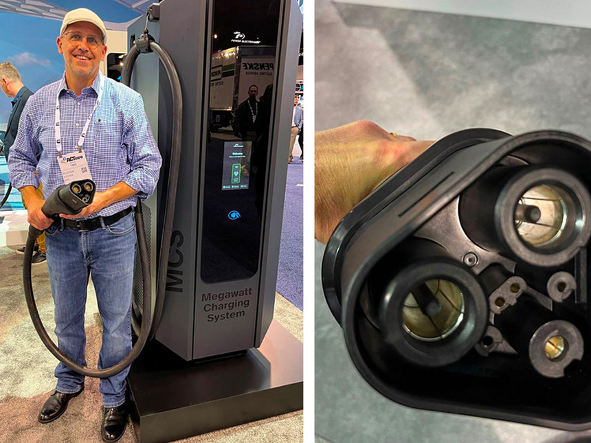 Rustam Kocher (left), of the CharIN MCS Task Force, an industry group that developed a high-speed truck charger, holds an MCS connector. MCS stands for Megawatt Charging System (right).