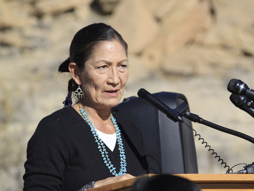 Interior Secretary Deb Haaland addresses a crowd during a celebration at Chaco Culture National Historical Park in northwestern New Mexico on Monday, Nov. 22, 2021. 