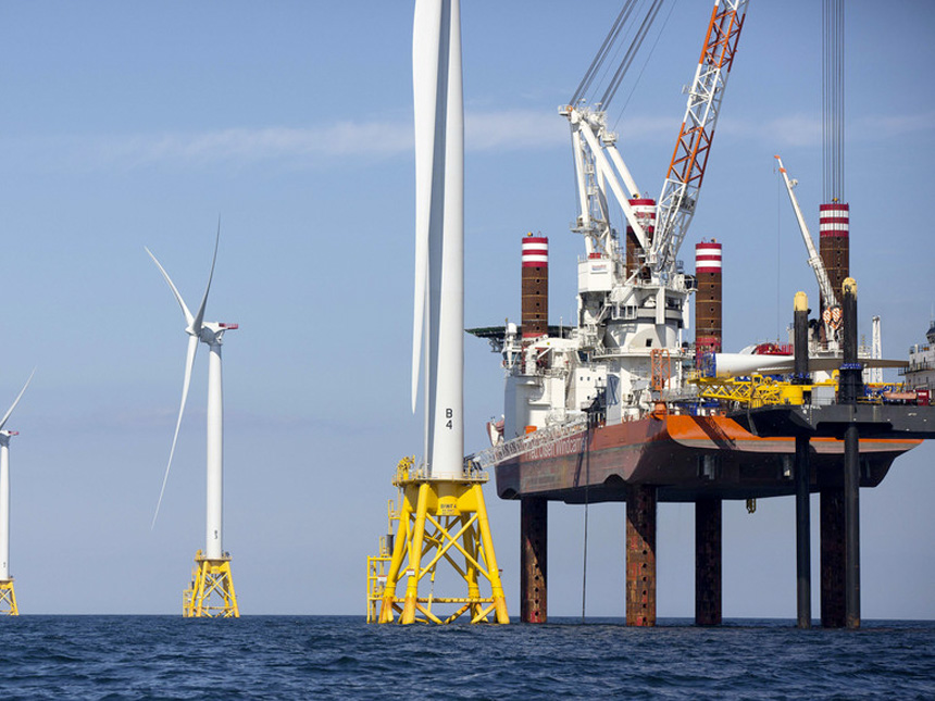 A lift boat assembles a wind turbine off Block Island, R.I.